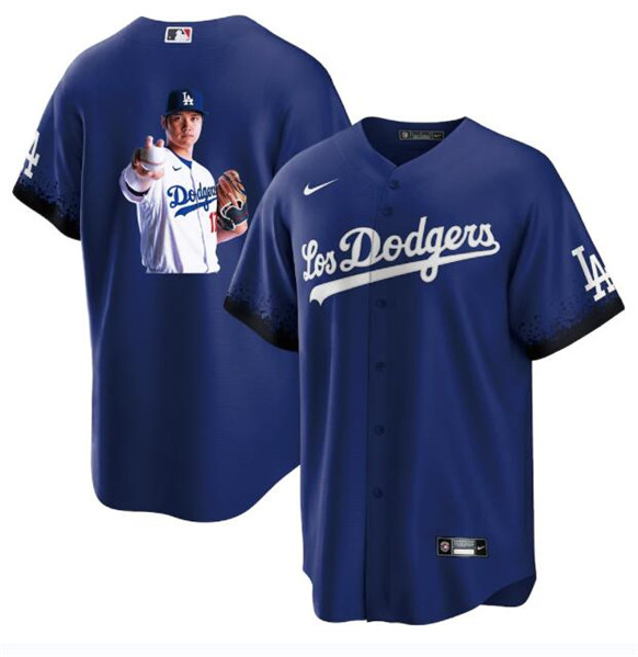 Men's Los Angeles Dodgers #17 Shohei Ohtani Blue Big Logo City Connect Cool Base Stitched Jersey